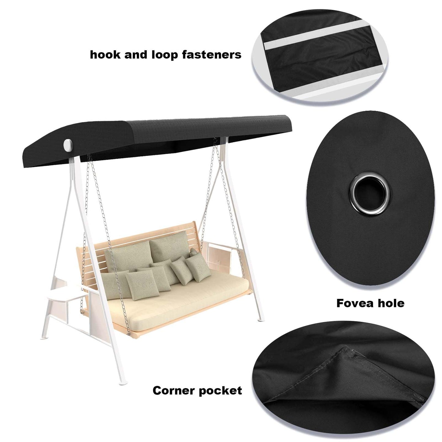 Outdoor Swing Canopy Replacement Top Cover, Universal Patio Swing Covers 3 Seater, Waterproof Replacement Canopy Outdoor Furniture Cover for Garden Patio Porch Hammock (Black, 55.9"L x 47"W x 7-9"H)