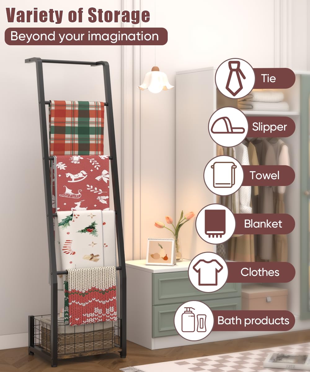 Ansionsol 6.3ft Blanket Ladder with Storage Basket, 5 Tier Decorative Ladder Shelf Stand for Living Room & Bedroom, Wall-Leaning Blanket Holder Quilt Rack for Home Décor, Rustic Brown & Black