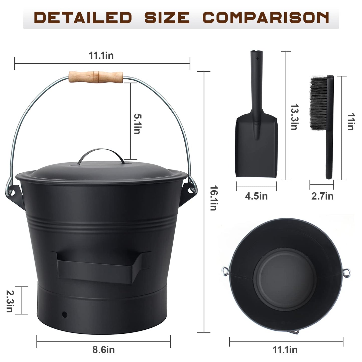 BRIAN & DANY Ash Bucket with Lid, 2.6 Gallon Fireplace Ash Bucket with Shovel and Hand Broom, Metal Bucket for Fireplace, Fire Pit, Wood Burning Stove, Black