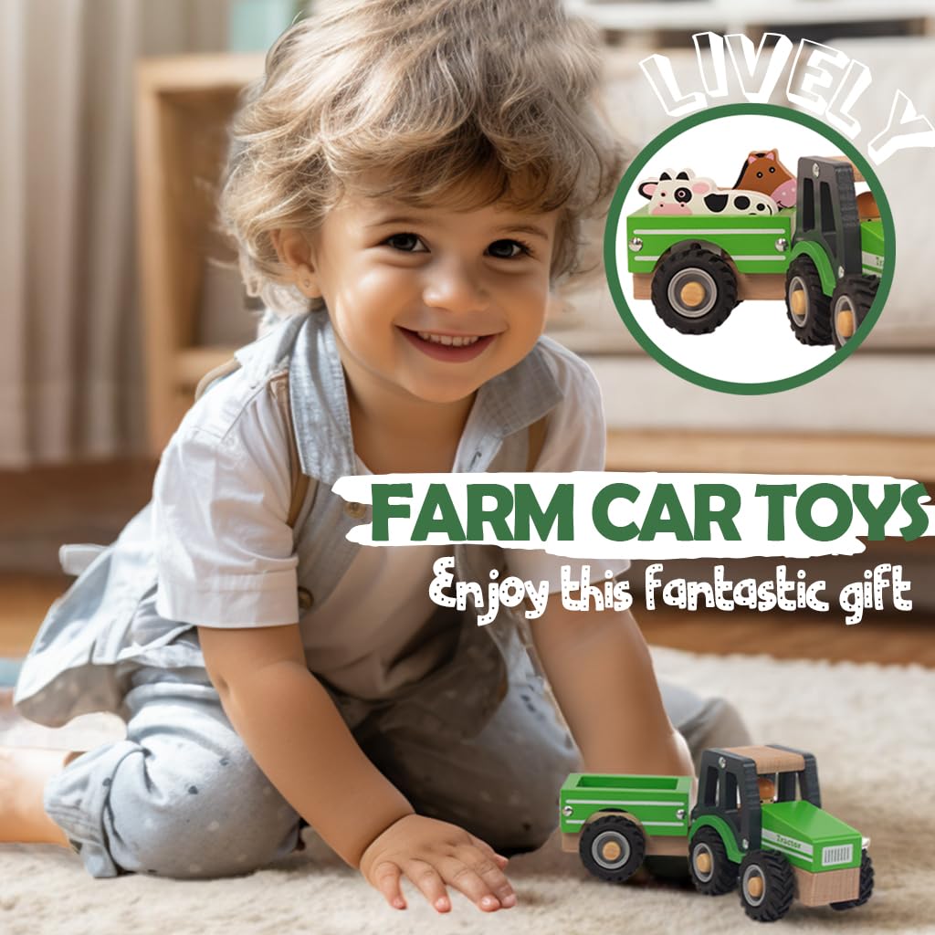 WoodenEdu Wooden Tractor Toys for Toddlers 1-3, Baby Vehicle Toys Hand Push Car Toys for 1 2 3 Year Old Boys Girls (Green)