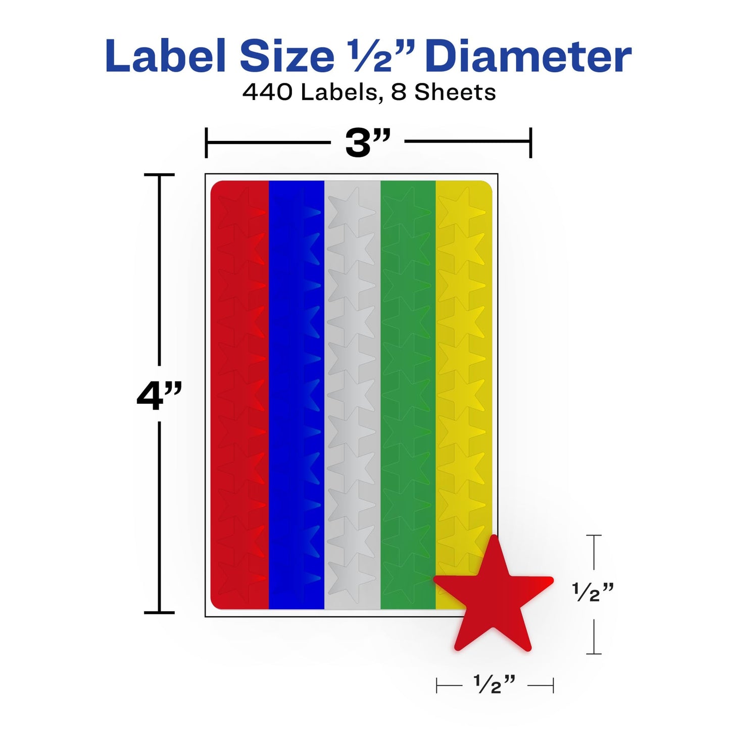 Avery Foil Star Labels, 1/2", Assorted Colors, Non-Printable, 440 Labels Per Pack, 36 Packs, 15,840 Star Stickers Total (6007)