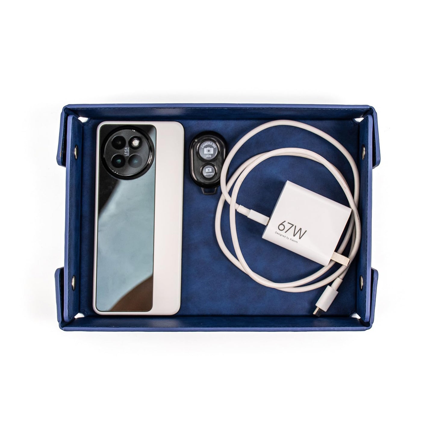 SANQIANWAN PU Leather Valet Tray Small NightStand Bedside Entry Table Trya for Phone Jewelry Glasses Keys and Coins Father's Day Birthday Gifts (Blue)