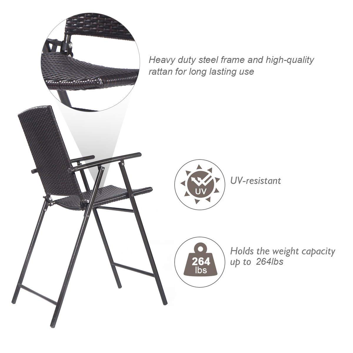 ReunionG 4PCS Wicker Rattan Chairs, Folding Tall Stool Chairs, Steel Frame Rattan Furniture Set with Adjustable Back, for Outdoor Indoor Bar Garden Patio (Set of 4 Rattan Wicker)