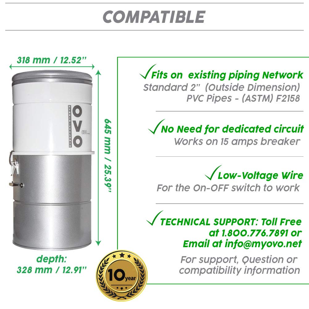 OVO Large and Powerful Central Vacuum System, 630 Airwatts Hybrid Filtration (with or Without Disposable Bags), Covers up to 7500 sq.ft, 6,6 Gal / 25L Bottom Load Rolled Steel Canister