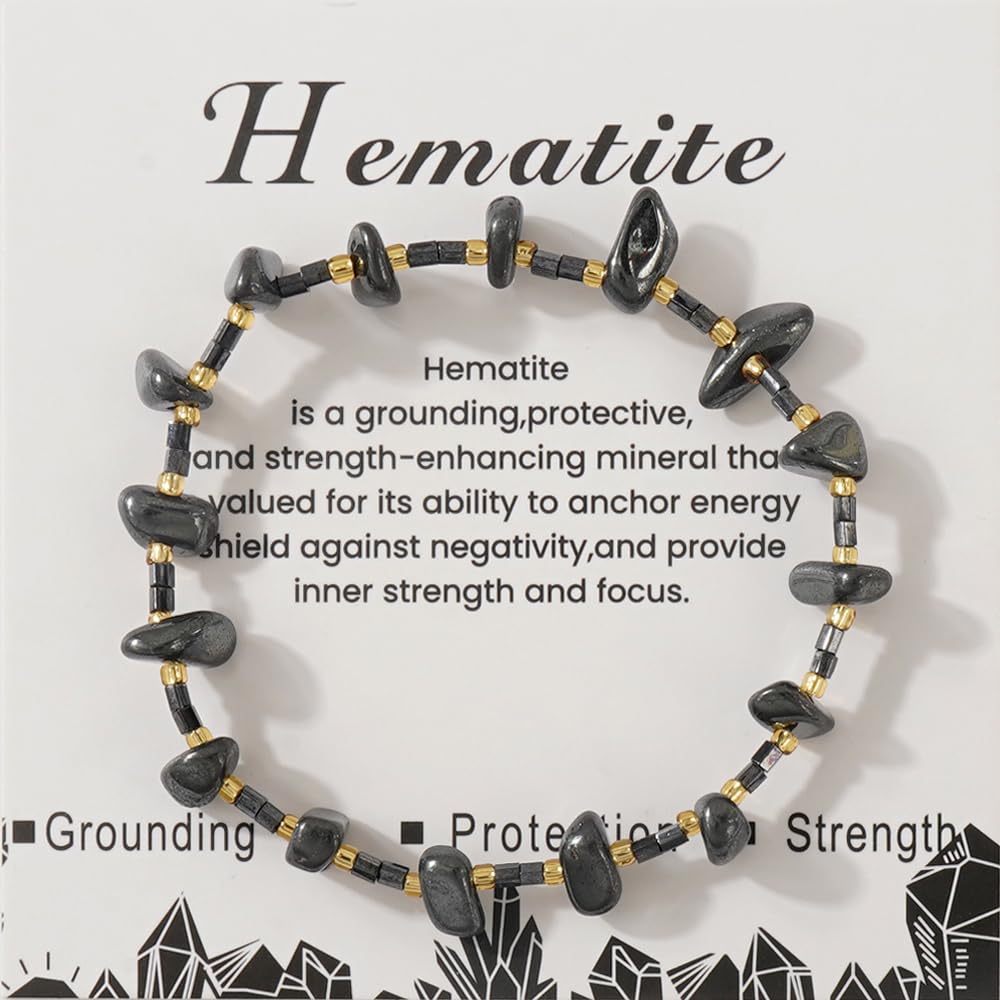 SHINUS BOHO Healing Natural Crystal Beaded Stretch Bracelet for Women,Handmade Boho Irregular Hematite Energy Stones Grounding Protection Strength Bracelet Summer Beach Fashion Jewelry Gift Friendship