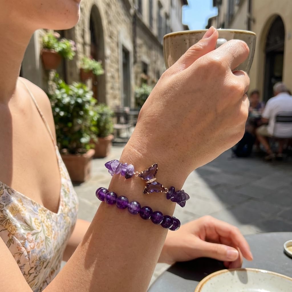 BELLA-Bee Natural Amethyst Healing Stone Bracelet Set for Women, Anxiety Relief Crystal Beaded Layered Bracelet with Butterfly Charm, Calming Spiritual Jewelry Gifts (Purple)