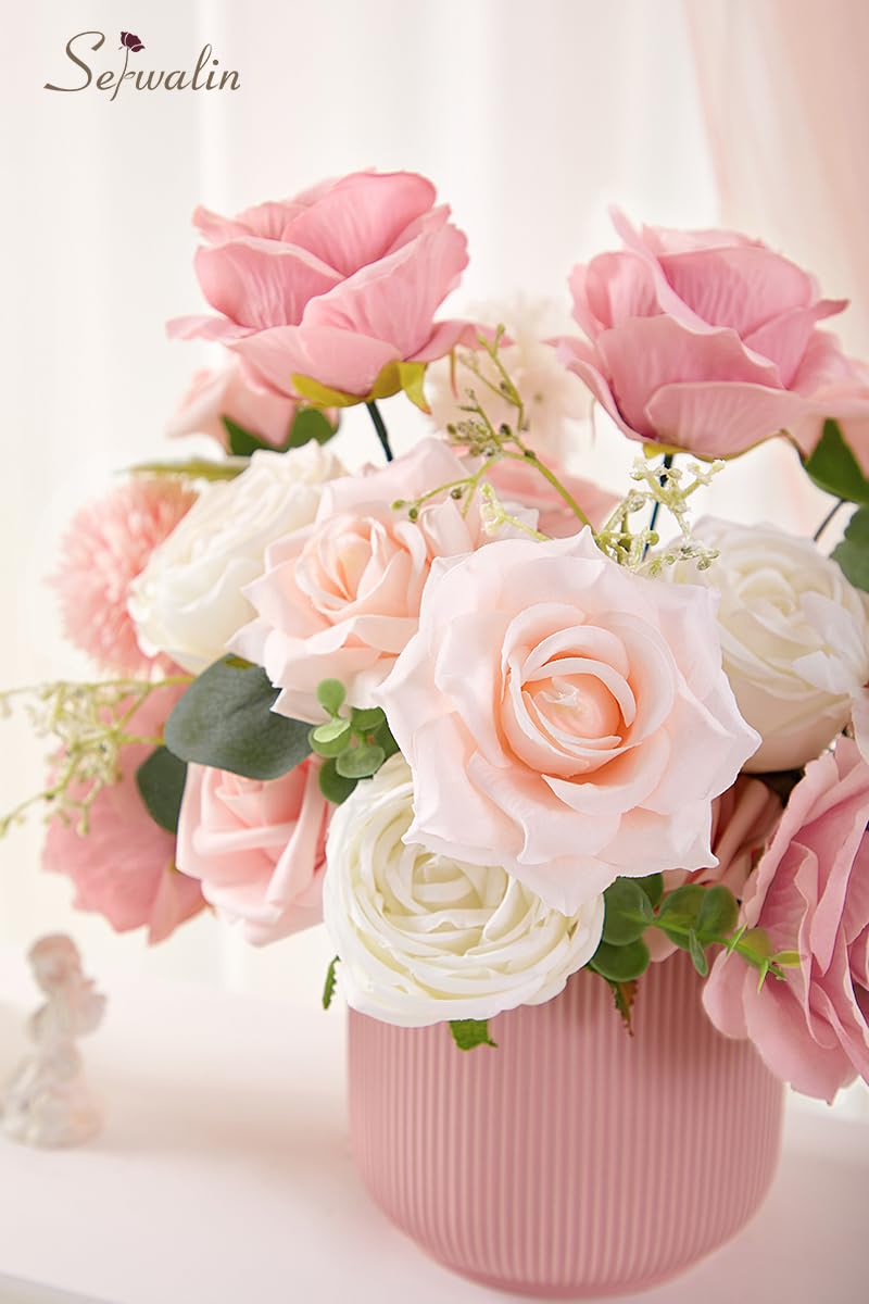 Serwalin Artificial Flowers Fake Silk Flowers for DIY Wedding Bouquets Cake Decoration Mixed Roses Combo Blush Pink and White Flower Centerpieces Arrangements for Party Table Chair Decor