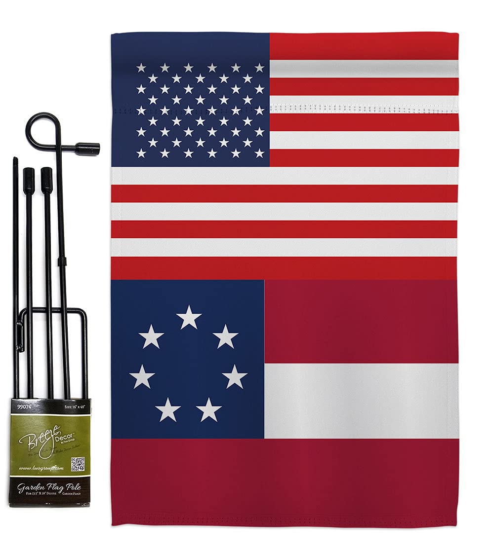 US Star & Bars Garden Flag - Set with Stand Patriotic Historic July Memorial Veteran Independence United State American - House Decoration Banner Small Yard Gift Double-Sided Made in USA 13 X 18.5