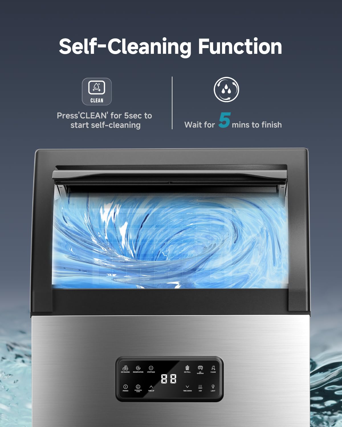 EUHOMY Commercial Ice Maker,120lbs/24H,Stainless Steel Under Counter Ice Machine with Water Filter,33lbs Storage Bin, 45 Cubes in 8-12 Mins, Freestanding Ice Cube Maker for Home/Bar/Cafe/Restaurant