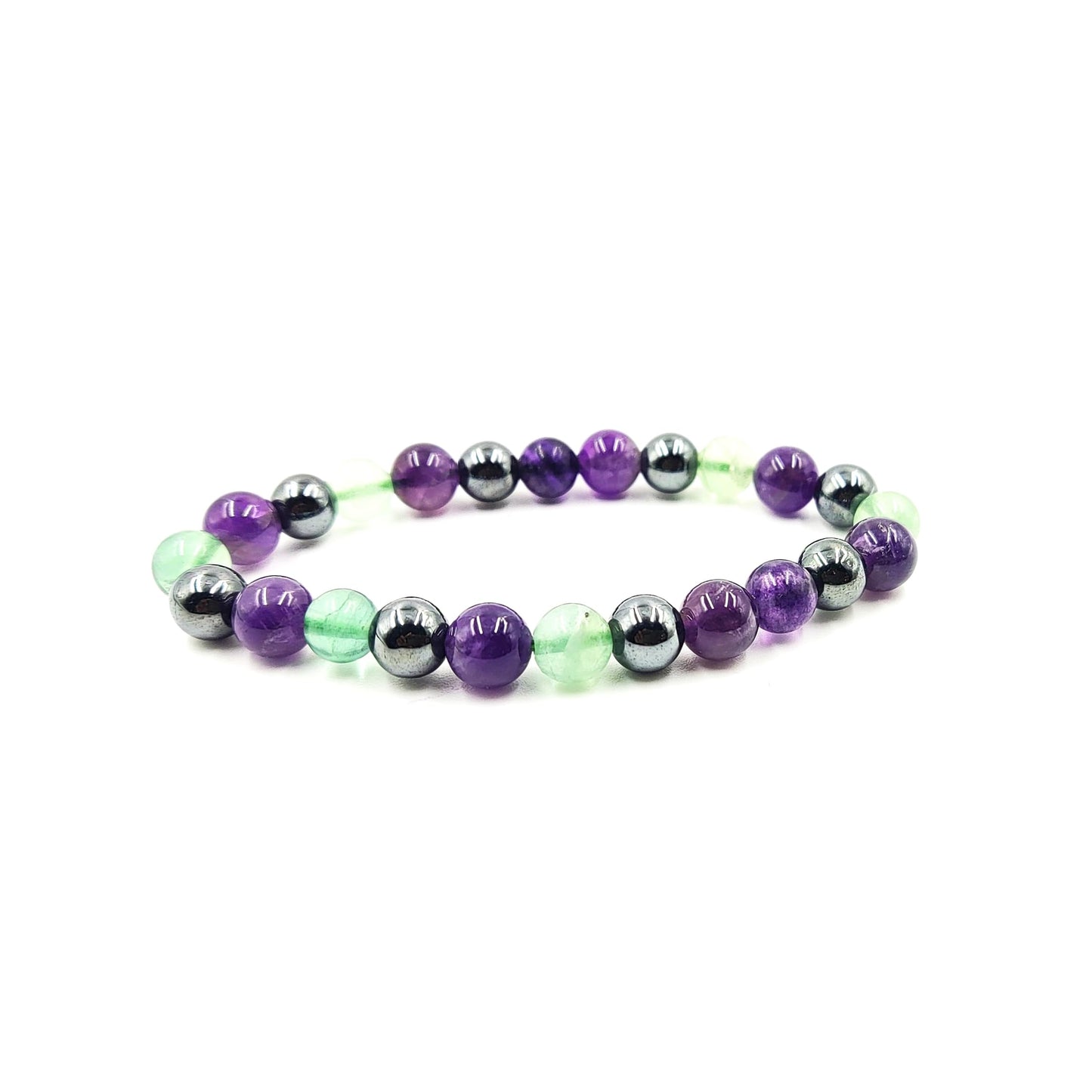 PRECIOUS PEBBLE Amethyst, Fluorite, Hematite Bracelet for Men & Women – Natural 8mm Beads for Calm, Focus & Inner Balance – Adjustable Stretch Fit Crystal Bracelets for Daily Wear & Meaningful Gift