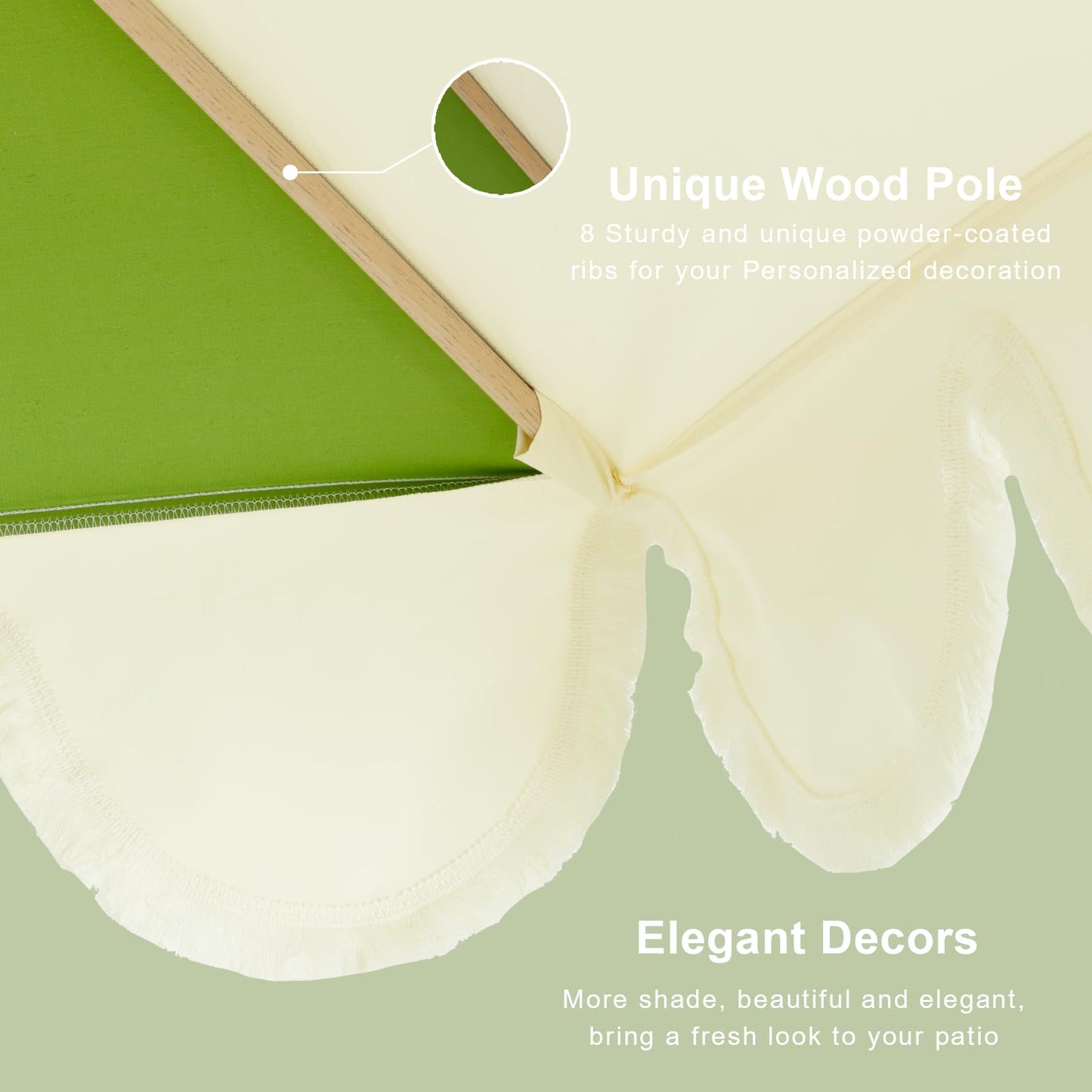 Tempera 9ft Scalloped Patio Umbrellas with Fringe, Market Umbrellas with Water-Resistant and Fade Resistant Canopy, 1.5" Wood Pole & Button Tilt.