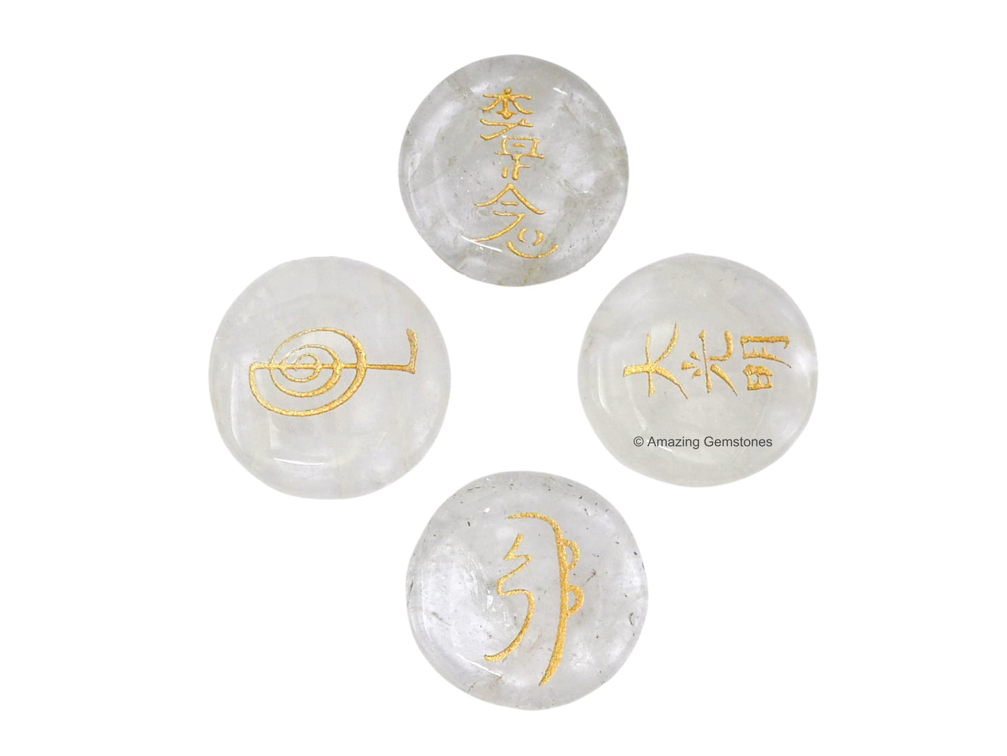 Amazing Gemstone Clear Quartz Crystal Reiki Stones with Engraved Symbols for Usui Reiki Healing, Set of 4 Pcs (Indian Handmade Reiki Gift Set)
