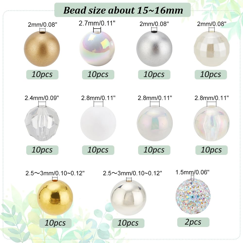 PH PandaHall 102PCS Crystal Bubblegum Beads, 16mm Clear Silver Gold Chunk Bead Acrylic Large Rhinestone Pearl Beads Shiny Round Focal Spacer Bead for Necklace Key Chain Bag