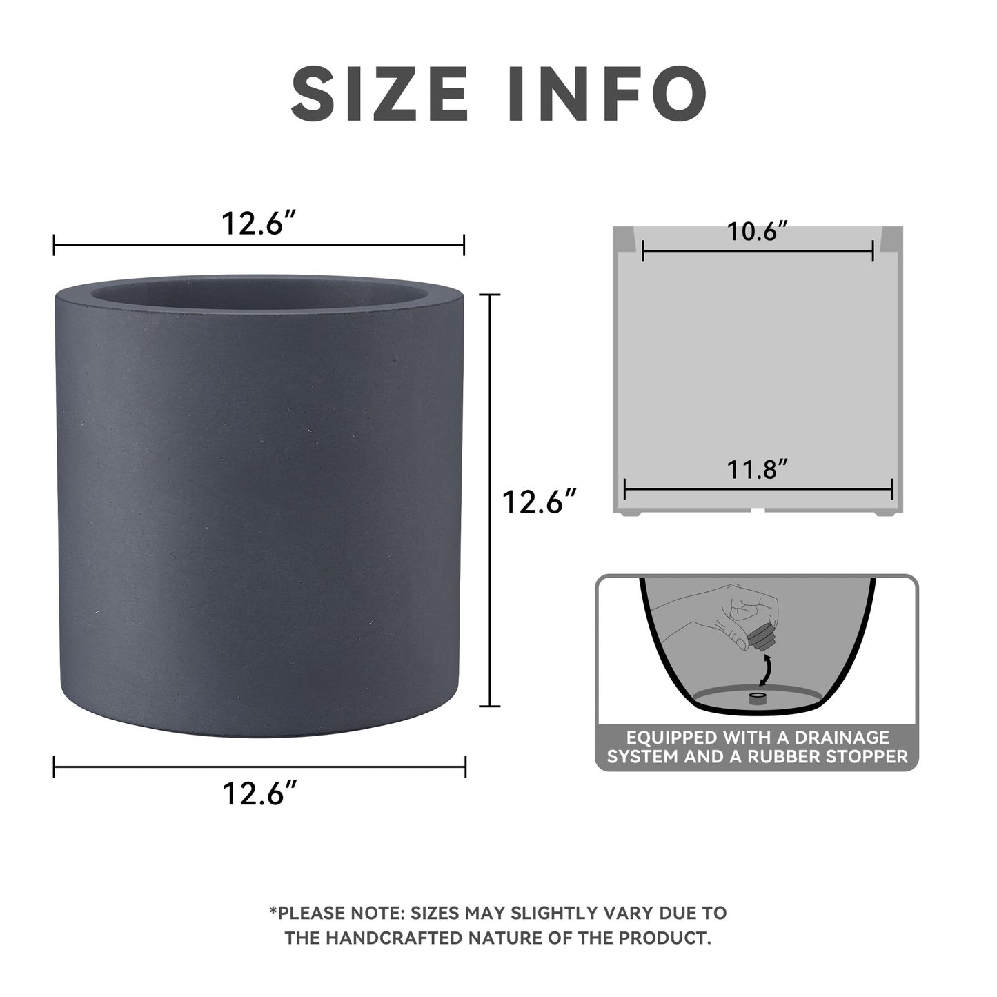 Kante 12.6" Dia Round Concrete Planter, Modern Style Large Cylindrical Plant Pot with Drainage Hole and Rubber Plug for Indoor Outdoor Patio, Charcoal