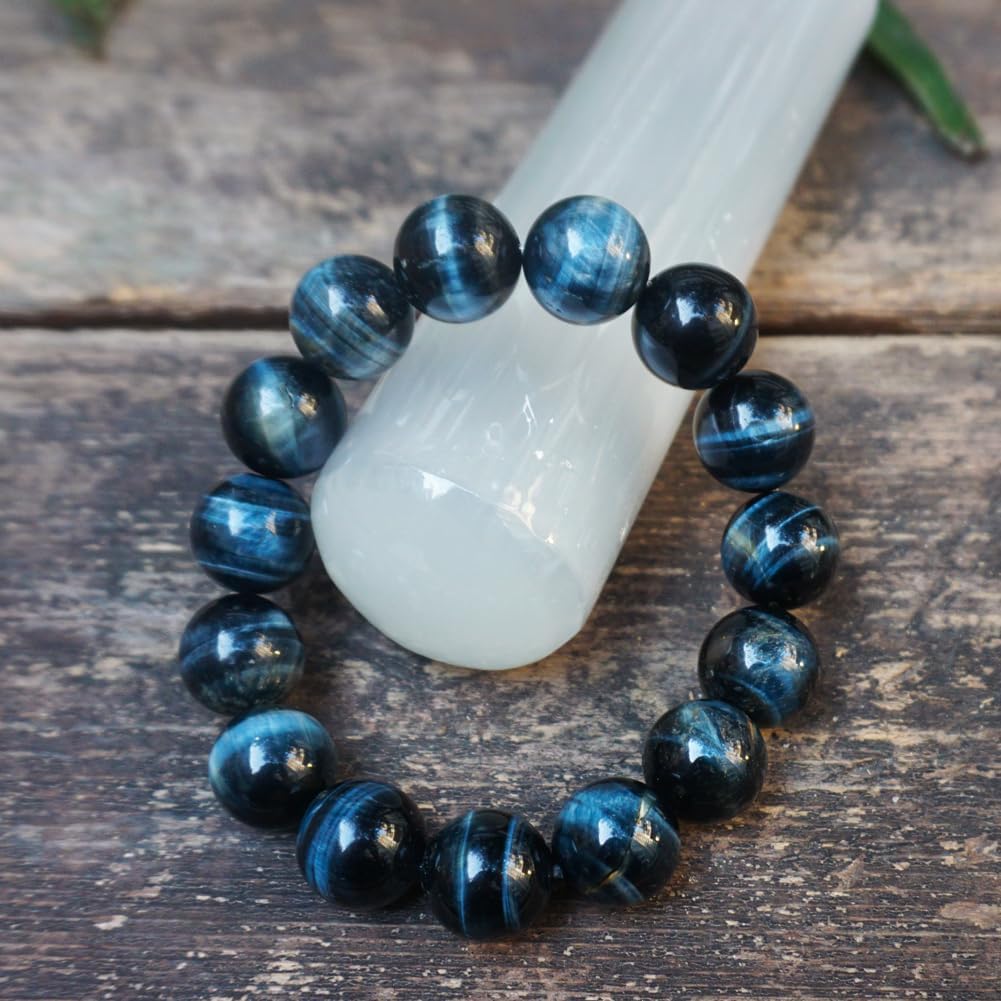 TaHLga Blue Tigers Eye Mens Bracelet 16MM | Fits for About 8" XLarge Wrist | Natural Solar Plexus Chakra Gemstones | Bring Luck Wealth Courage | Protection from Evil | Gift