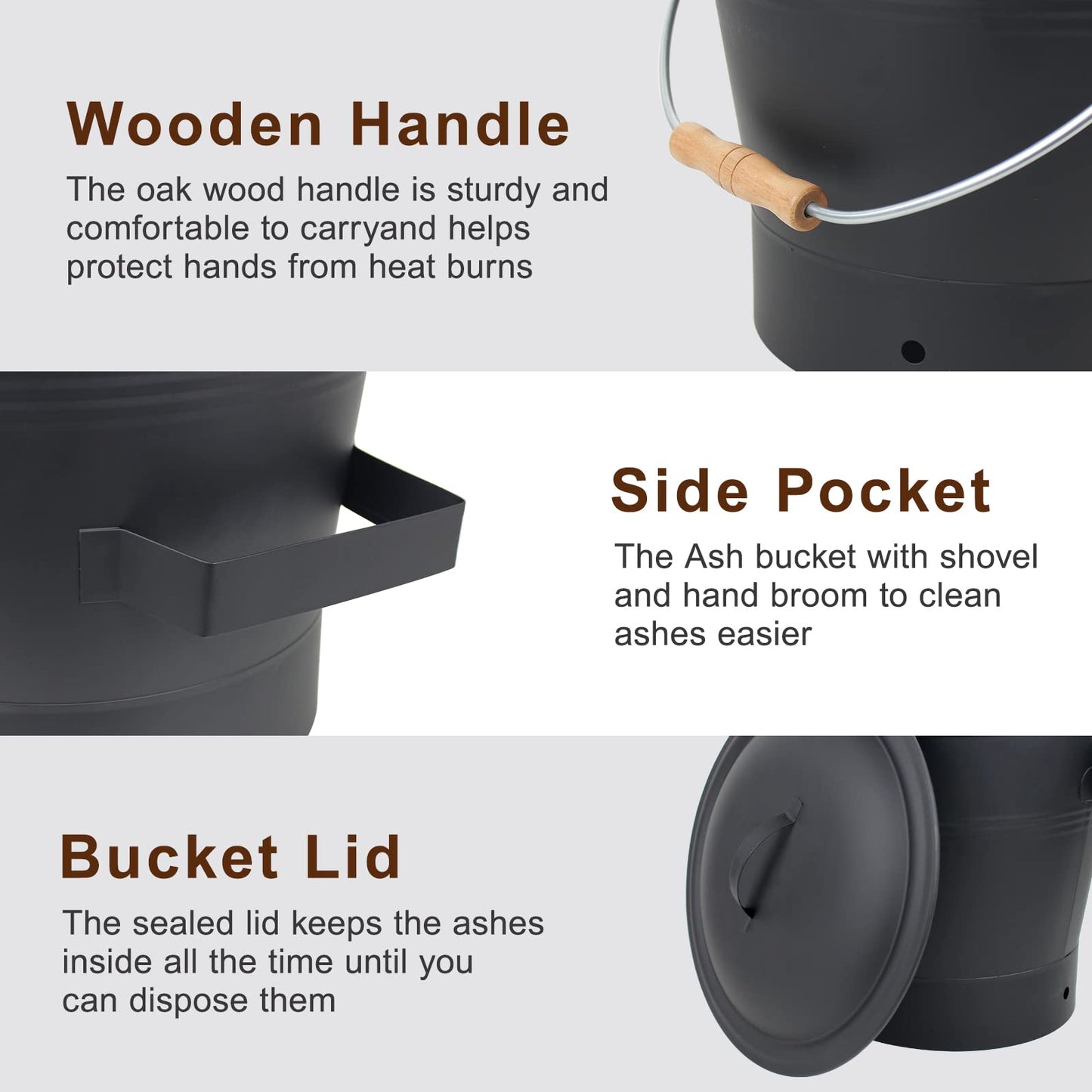 BRIAN & DANY Ash Bucket with Lid, 2.6 Gallon Fireplace Ash Bucket with Shovel and Hand Broom, Metal Bucket for Fireplace, Fire Pit, Wood Burning Stove, Black