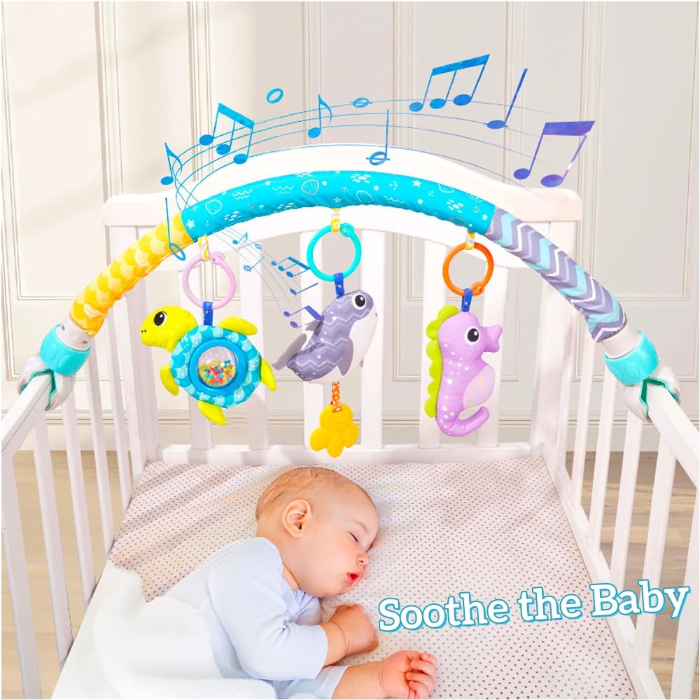 BATOHO Baby Stroller Arch Toy, Clip On Arch Mobile for Bassinet with Universal Clamps, Activity Toy Bar for Bouncer Musical Crib Mobile Toys for Infants Car Seat Toys Rattle Turtle Music Whale