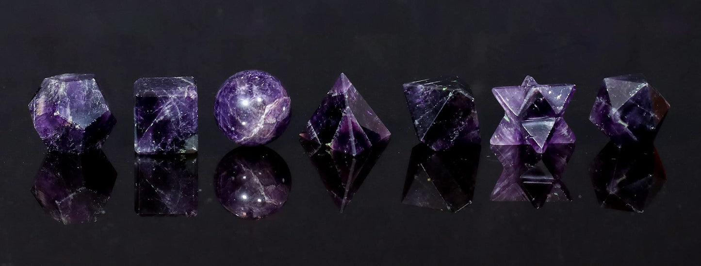 Crocon Amethyst 7 Pcs Platonic Sacred Stones Geometry Set for Chakra Stone Balancing Reiki Healing Spiritual Good Luck Home Office Decor Size: 15-20 mm
