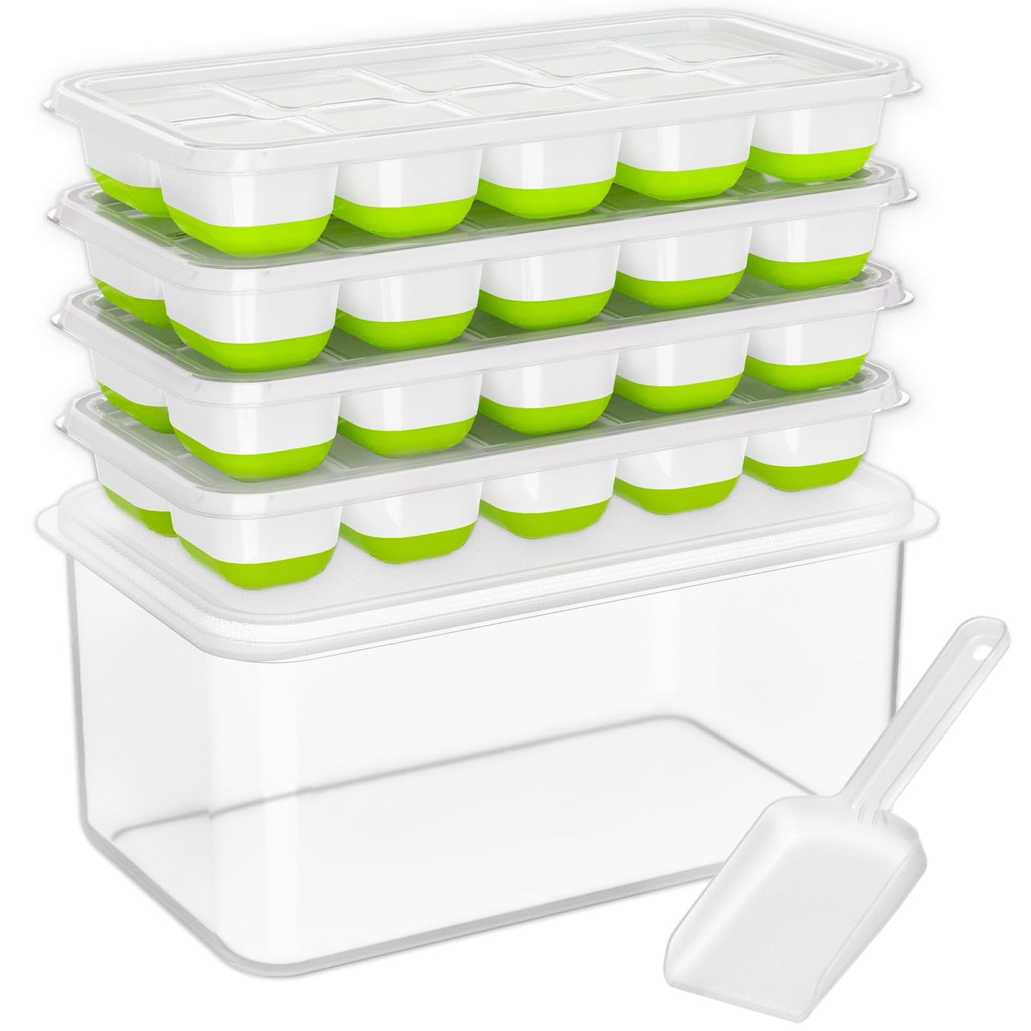 DOQAUS Ice Cube Tray with Lid and Bin - 4 Pack Silicone Ice Cube Trays for Freezer, Stackable Ice Bucket Kits with Storage Container & Scoop for Kitchen, RV, Cocktail, Coffee