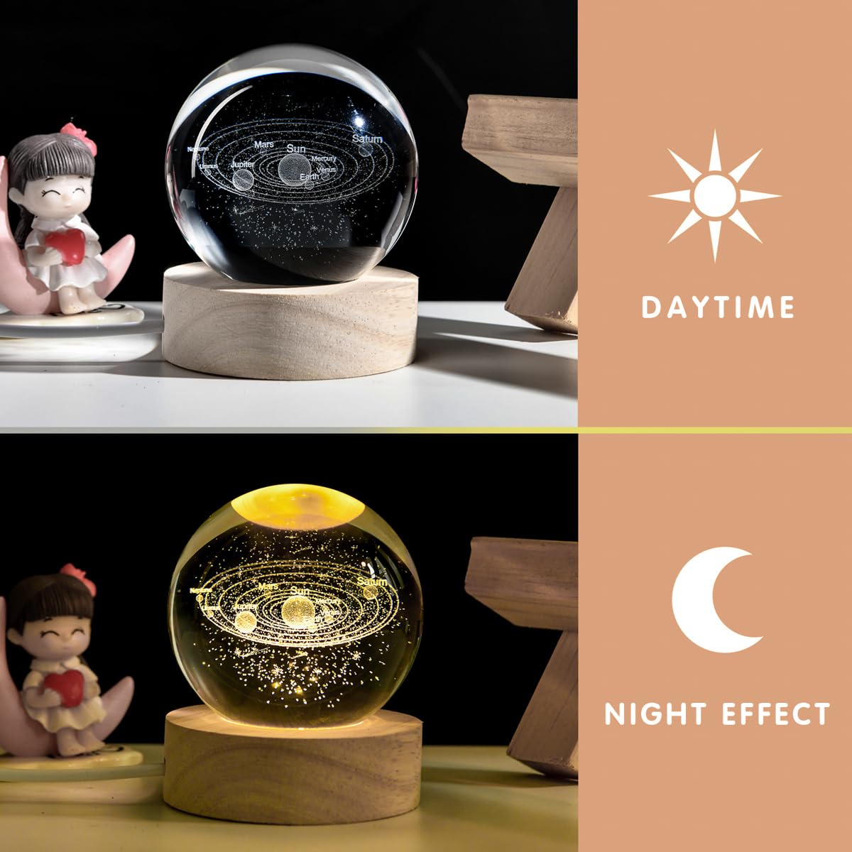 QIANCHANG Solar System 3D Crystal Ball with LED Stand, 60mm Galaxy Model Decor Glass Sphere Lamp Night Light, Space Universe Astronomy Gifts for Women Men Mom Kids
