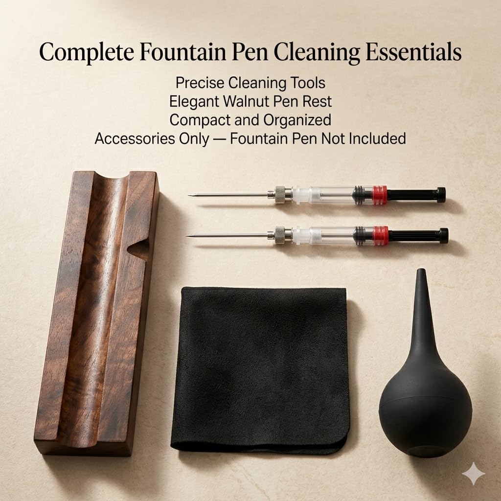 Fountain Pen Cleaning Kit with Black Walnut Pen Rest, 2 Ink Filling Tools, Premium Cleaning Cloth and Rubber Cleaning Bulb, Fountain Pen Maintenance Set for Flushing, Filling and Daily Pen Care