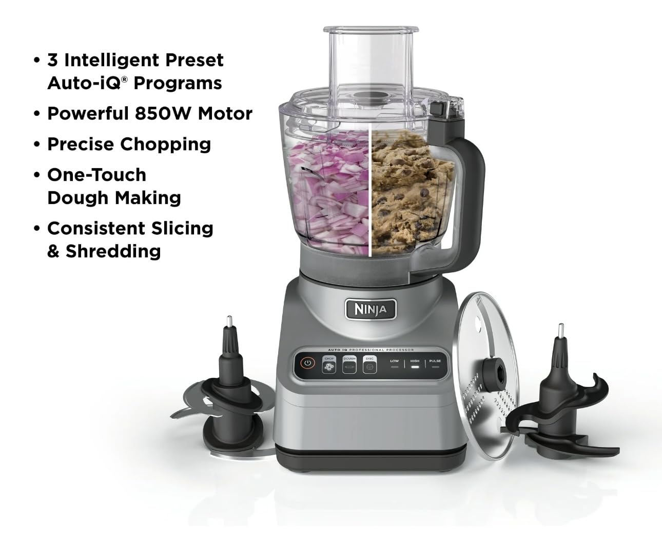 Ninja Professional Food Processor, 850 Watt motor, 9-Cup Capacity, 3 Auto iQ Preset Programs, Powerful dough mixer, Gray (BN600)