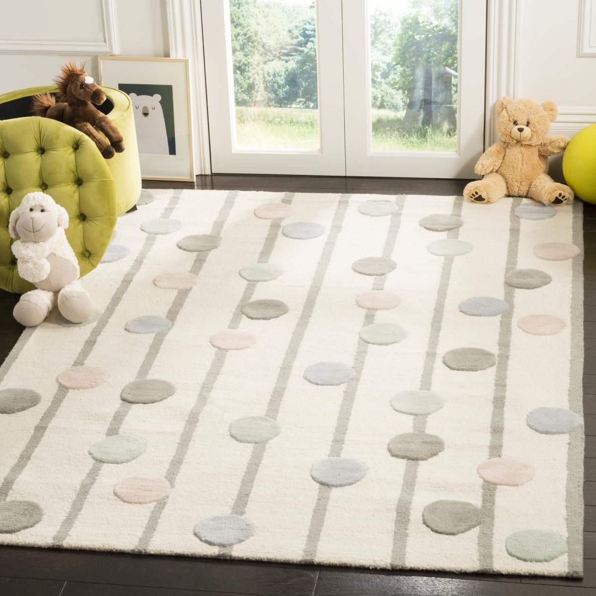 SAFAVIEH Area Rug 8x10 - Kids Collection - Large - Ivory & Multi, Handmade Wool, Polka Dot Stripe, Ideal for Bedroom, Playroom, Nursery, Boys & Girls Room (SFK909A)