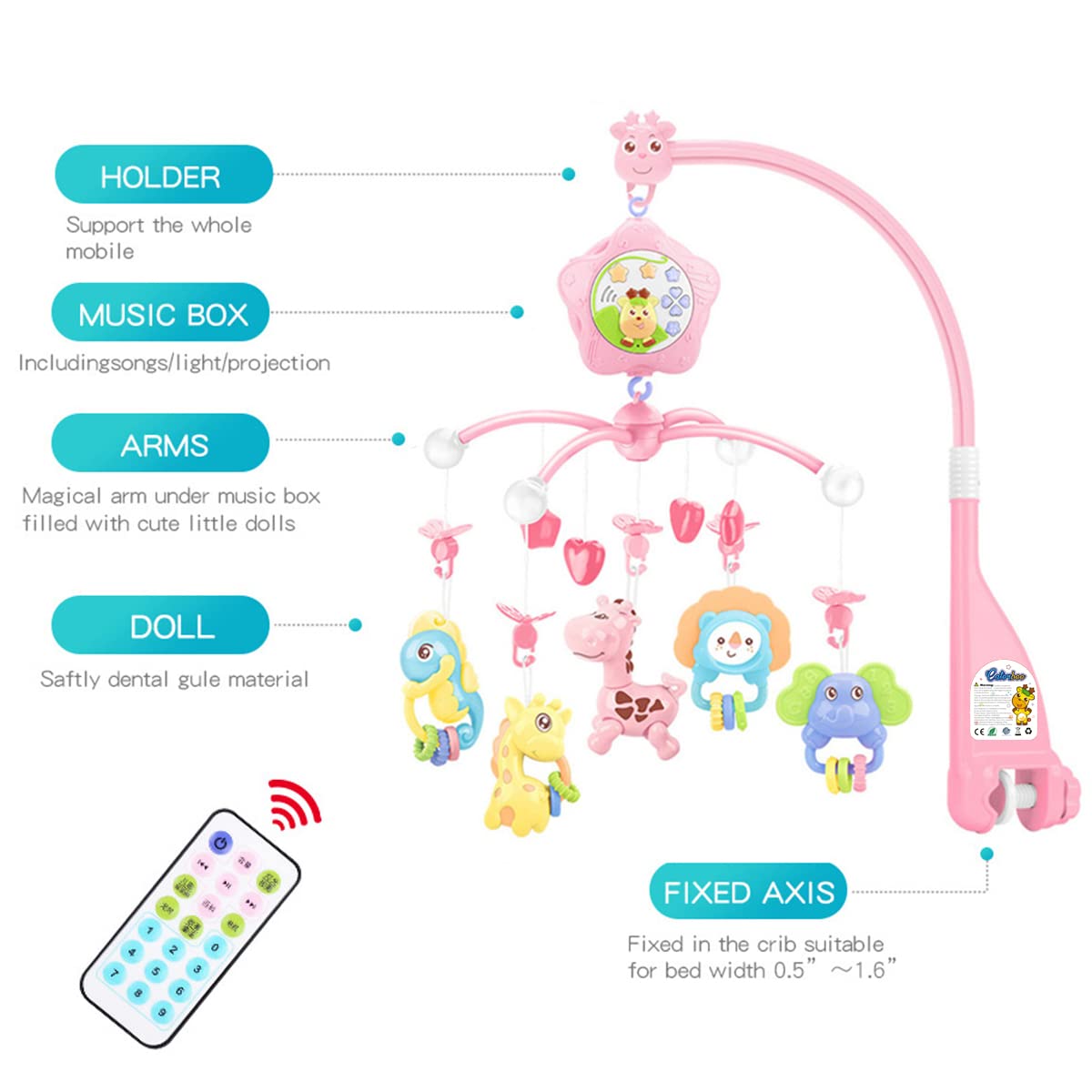 caterbee Baby Crib Mobile for Pack and Play, Crib Toys with Light and Musicial, Remote,Projector for Ages 0+ Months (Pink-Forest)