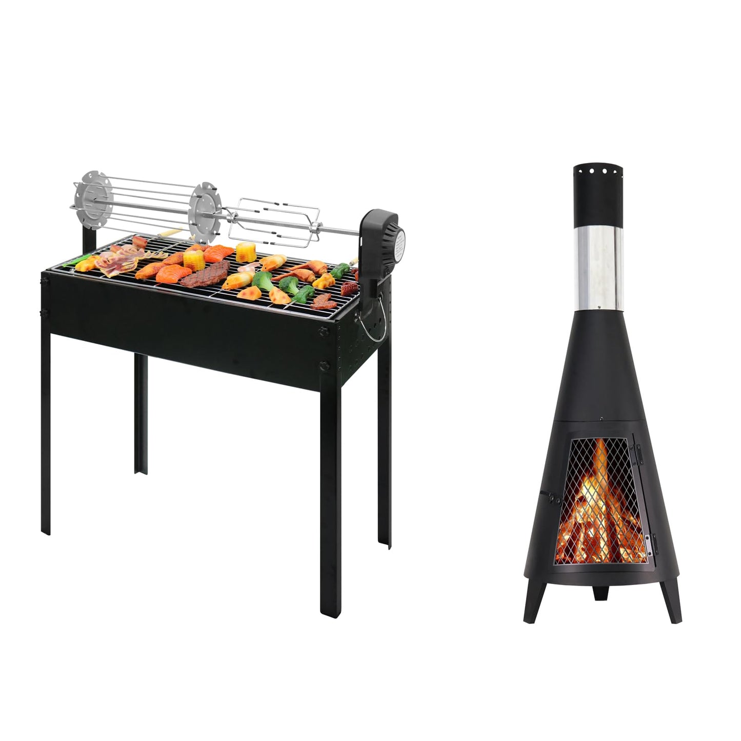 ptlsy 43inch Tall Outdoor Fireplace Chiminea Wood Burning Fire Pit & Rotating Barbecue Charcoal Grill with Rotisserie Meat Forks & 6-Piece Skewer Set for Outdoor Cooking Camping Hiking Picnics Tailgat