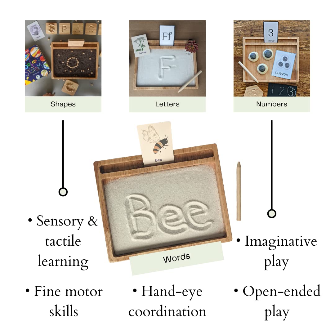 Montessori Sand Tray with Flashcard Holder and Flashcards | Play Sand & Wooden Stylus | Sensory Bin | Tactile & Sensory Toys | Wood Learning and Educational Toys | Montessori Toys | Sensory Tray