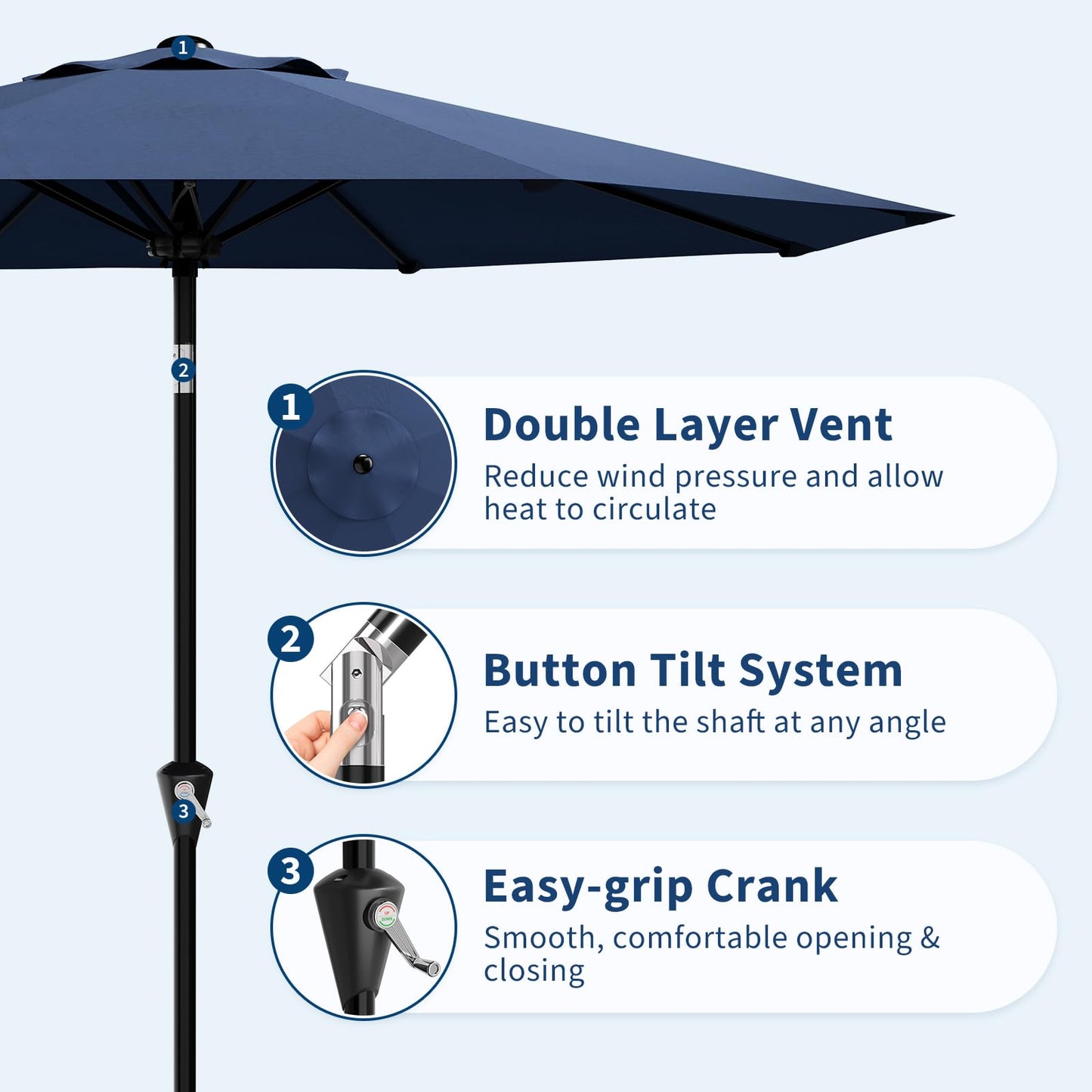 Garvee 9FT Patio Umbrella - Outdoor Table Umbrella with Smooth Crank Lift, Push Button Tilt and 8 Sturdy Ribs - Market Umbrella UV Protection Waterproof for Pool, Deck, Yard, Garden (Navy Blue)