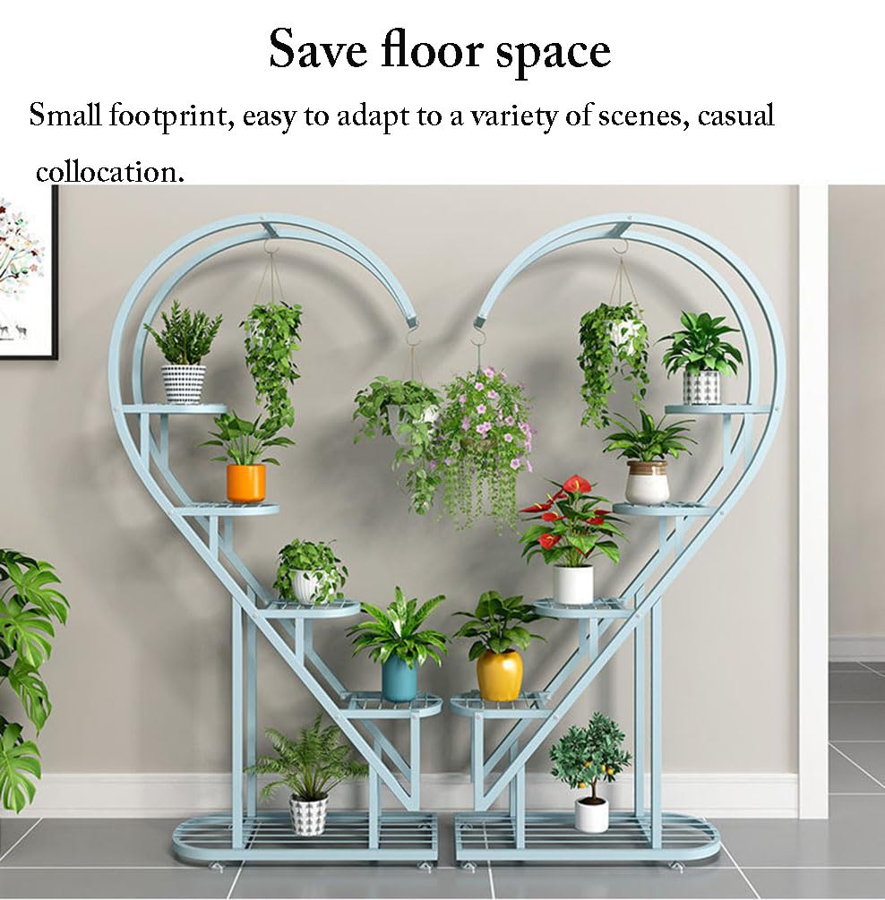 Eiwitany Floor-Standing Wrought Iron Flower Stand Installation Simple Load-Bearing Strong Home Living Room Balcony Heart-Shaped Shelf (Blue)