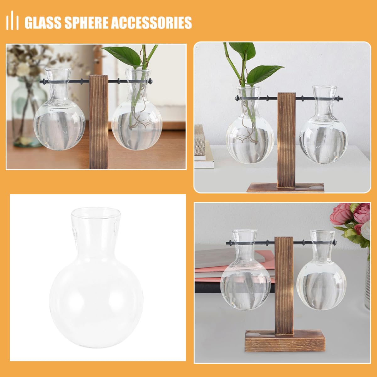 ULTECHNOVO 3pcs High Borosilicate Glass Hydroponic Plant Containers with Wooden Stand, Terrarium Holders for Home Decor and Indoor Propagation