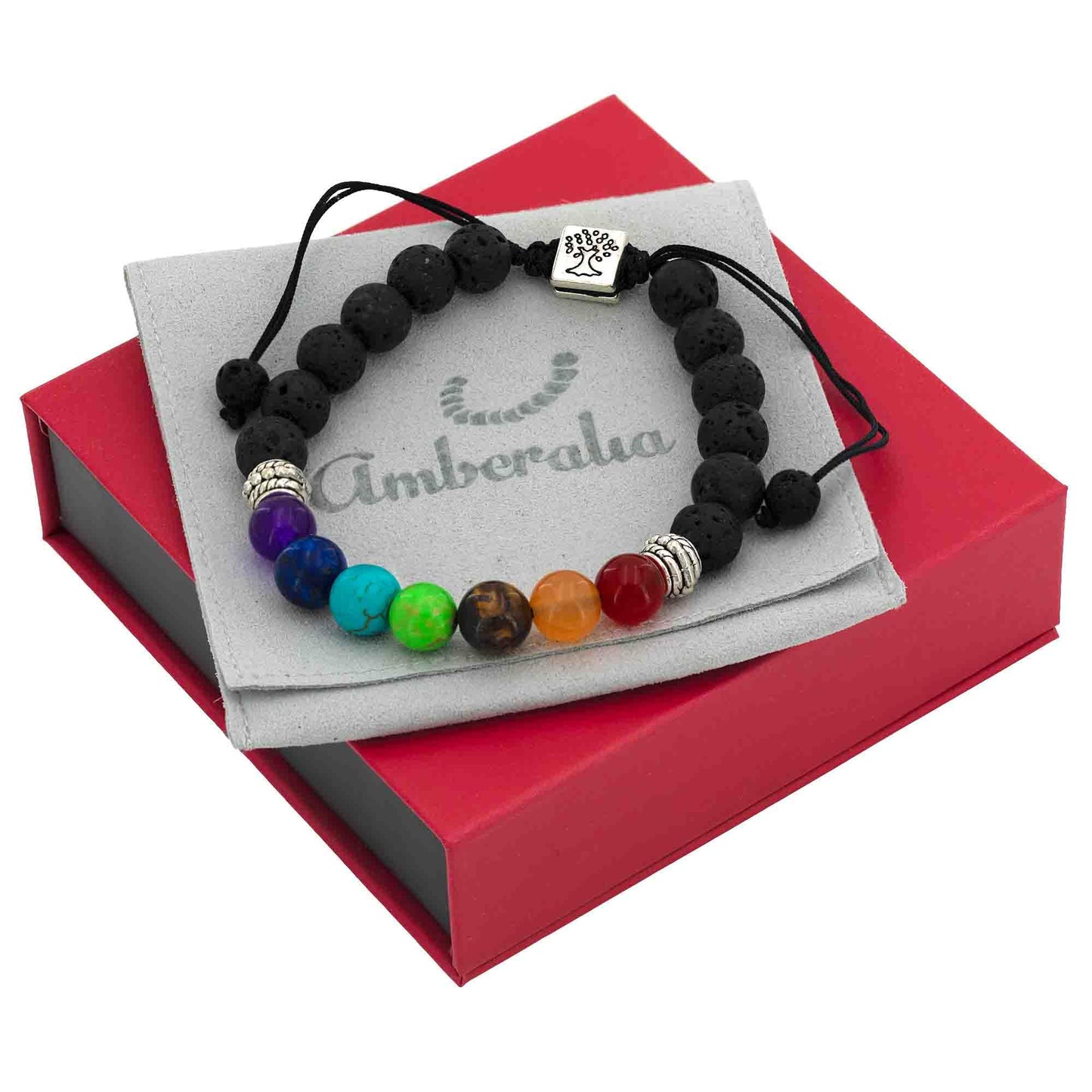 Amberalia Chakra Bracelet, Adjustable, Lava Stone Beads, Tree of Life Charm, Silver