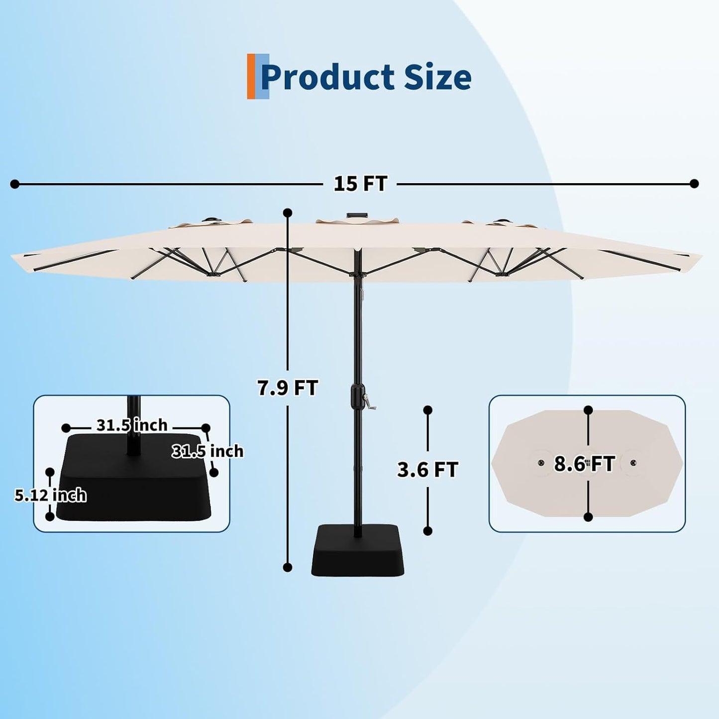 Garvee 15FT Rectangular Outdoor Umbrella Patio Umbrella with Base Included Large Market Umbrellas with Crank Handle UV Protection Table Umbrellas for Outdoor, Backyard, Deck, Poolside, Beige