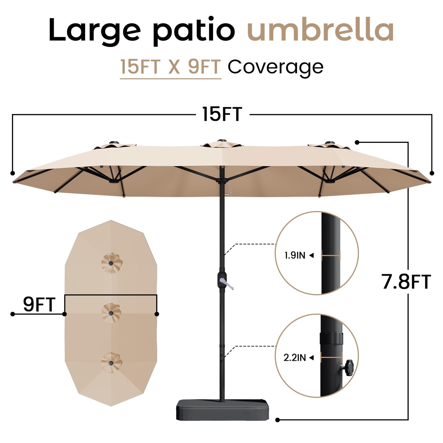 DomeShade 15ft Patio Umbrella with Base,Large Outdoor Double-Sided Rectangle Umbrella with Crank Handle, Market Umbrella for Poolside Garden Deck Backyard Beach Pools, Beige