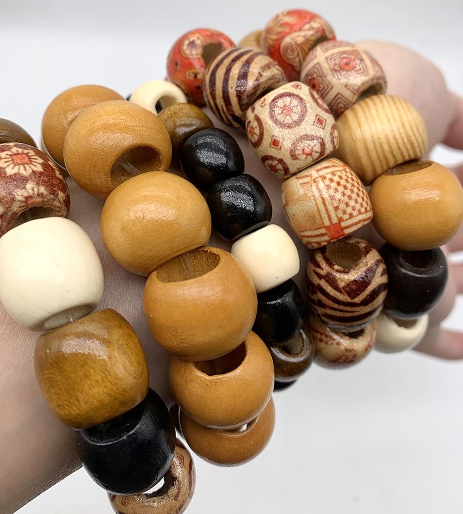200Pcs Large Hole Barrel Wood European Loose Beads Mixed Painted Drum Wood Spacer Beads 16-17mm Dreadlock Hair Braid Beads for Hair, Jewelry Making, Craft DIY, Macrame Rosary Bracelet Necklace Making