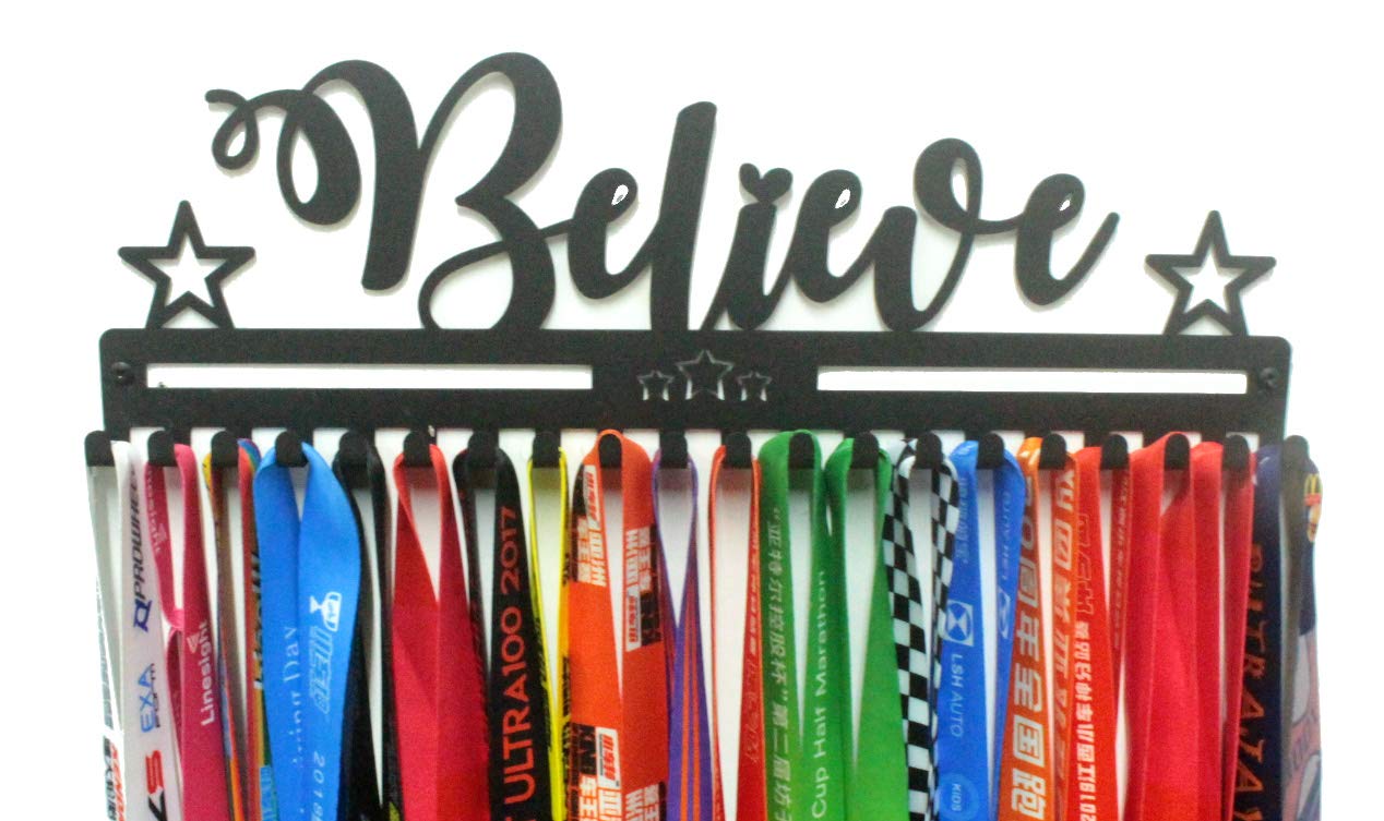 URBN BY MODERN HOME FINISHINGS 16" Metal Wall Mount 'Believe' Kids & Adults Sports Medal Hanger, Ribbon Display Holder Rack Medal Wall Hanger with Hooks, Simple Install, Great Gift (Black)
