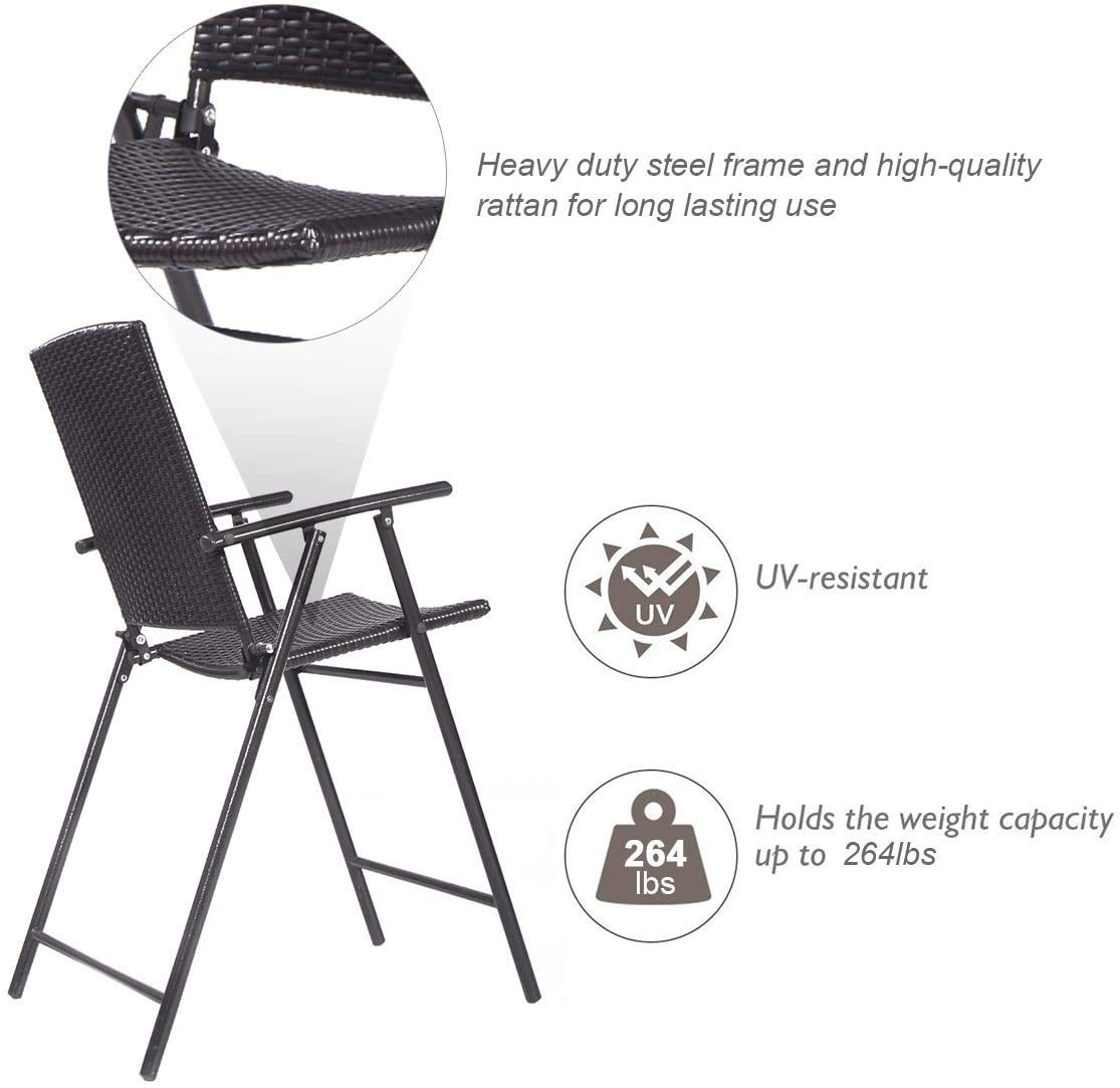 Moccha Folding 4 Pieces Wicker Rattan Chairs, Tall Bar Stool Set with Back Steel Frame Footrest Armrest, Weather-Resistant Comfortable Chairs for Outdoor Indoor Garden Patio Furniture Set, Brown