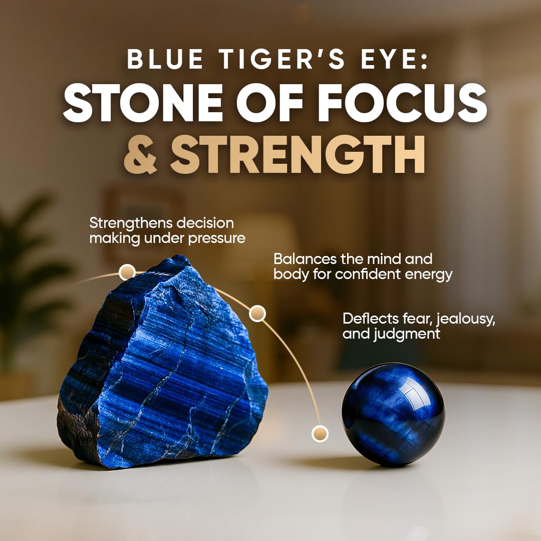 Conscious Items Blue Tigers Eye Bracelet, Natural Gemstone Beads for Focus, Motivation, Mental Clarity, & Energy Protection, Tigers Eye Beads for Confidence, Blue Bracelet for Men & Women