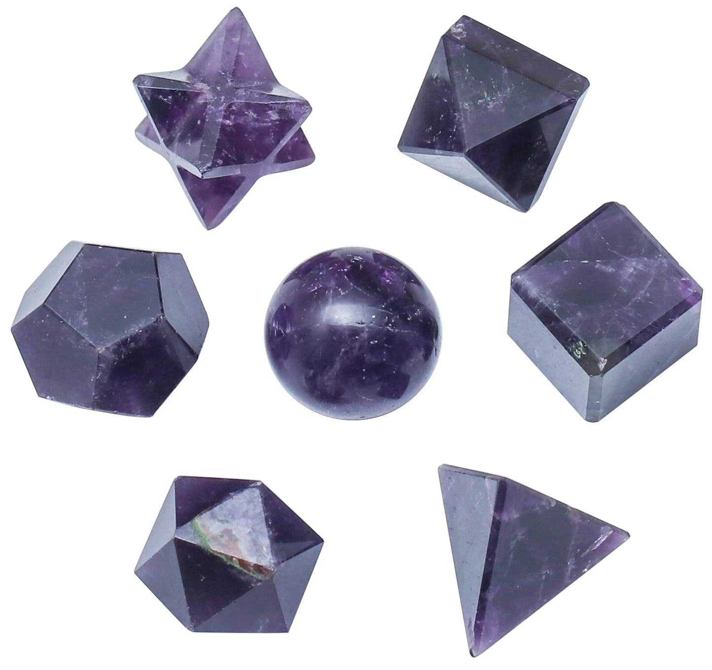 Crocon Amethyst 7 Pcs Platonic Sacred Stones Geometry Set for Chakra Stone Balancing Reiki Healing Spiritual Good Luck Home Office Decor Size: 15-20 mm