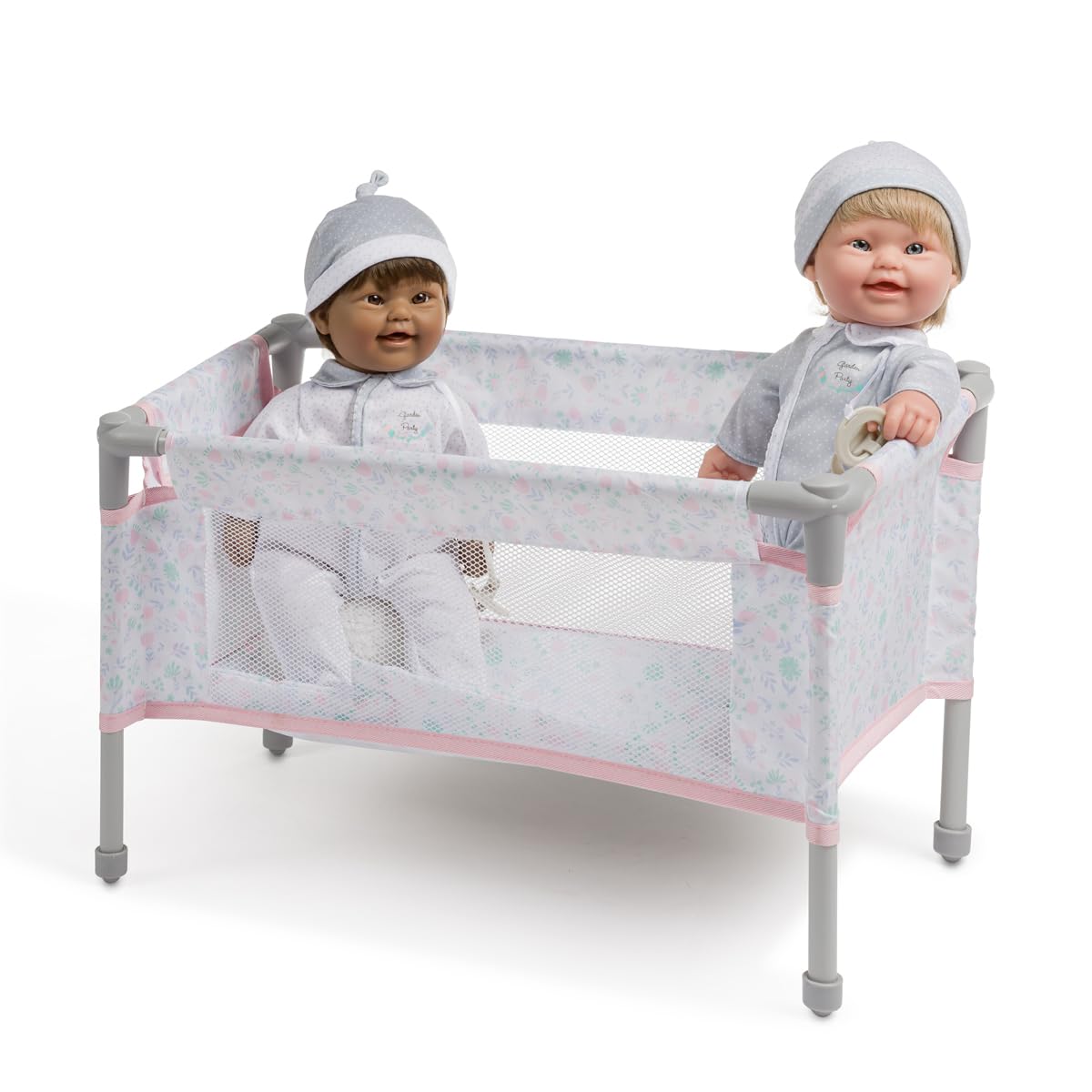 JC Toys - Berenguer Boutique | Travel Folding Crib - Playpen with Accessories | Pink Floral Collection | for Dolls up to 18" | Ages 3+