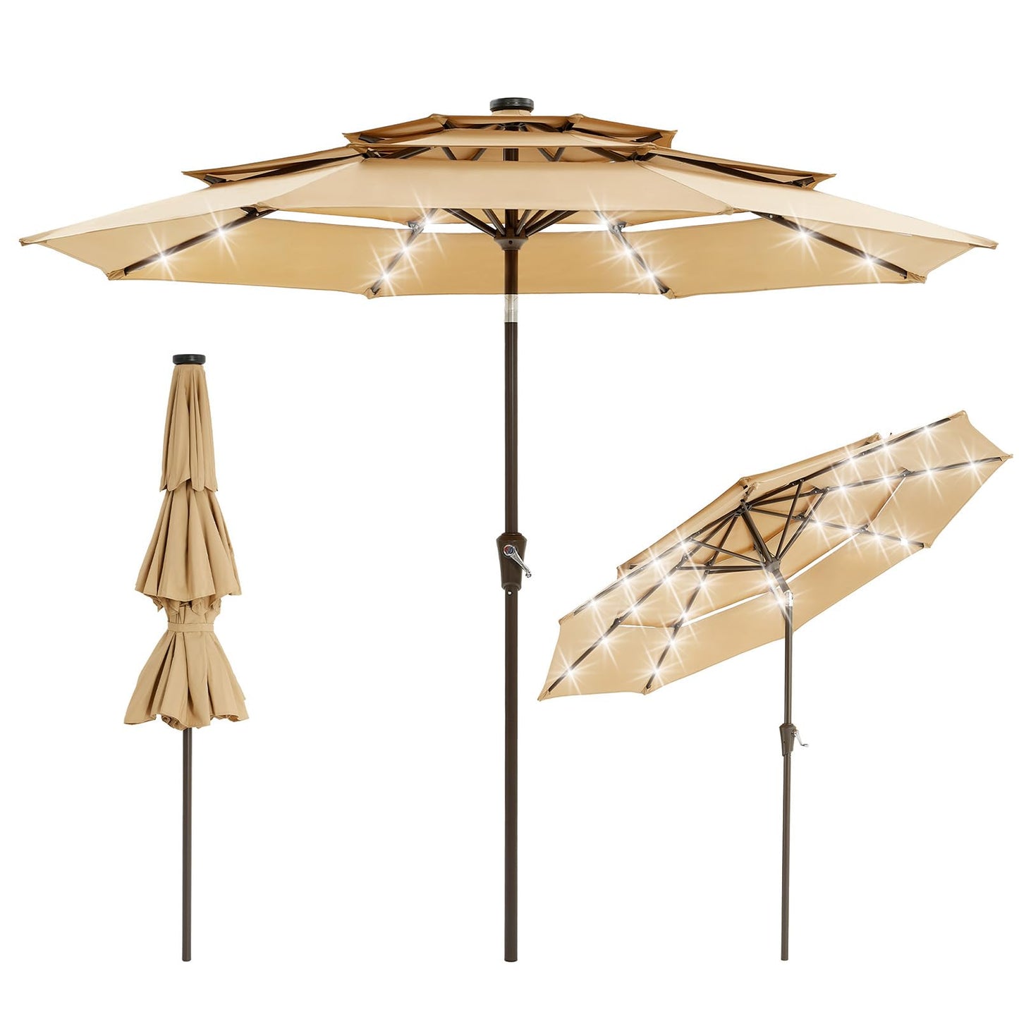 Garvee 9ft Patio Umbrella with Solar Lights, 3-Tier Patio Table Umbrella Outdoor with LED Lights, Ventilation, Easy Crank & Tilt, 8 Sturdy Ribs, UV Protection, Large Patio Umbrella for Deck, Pool