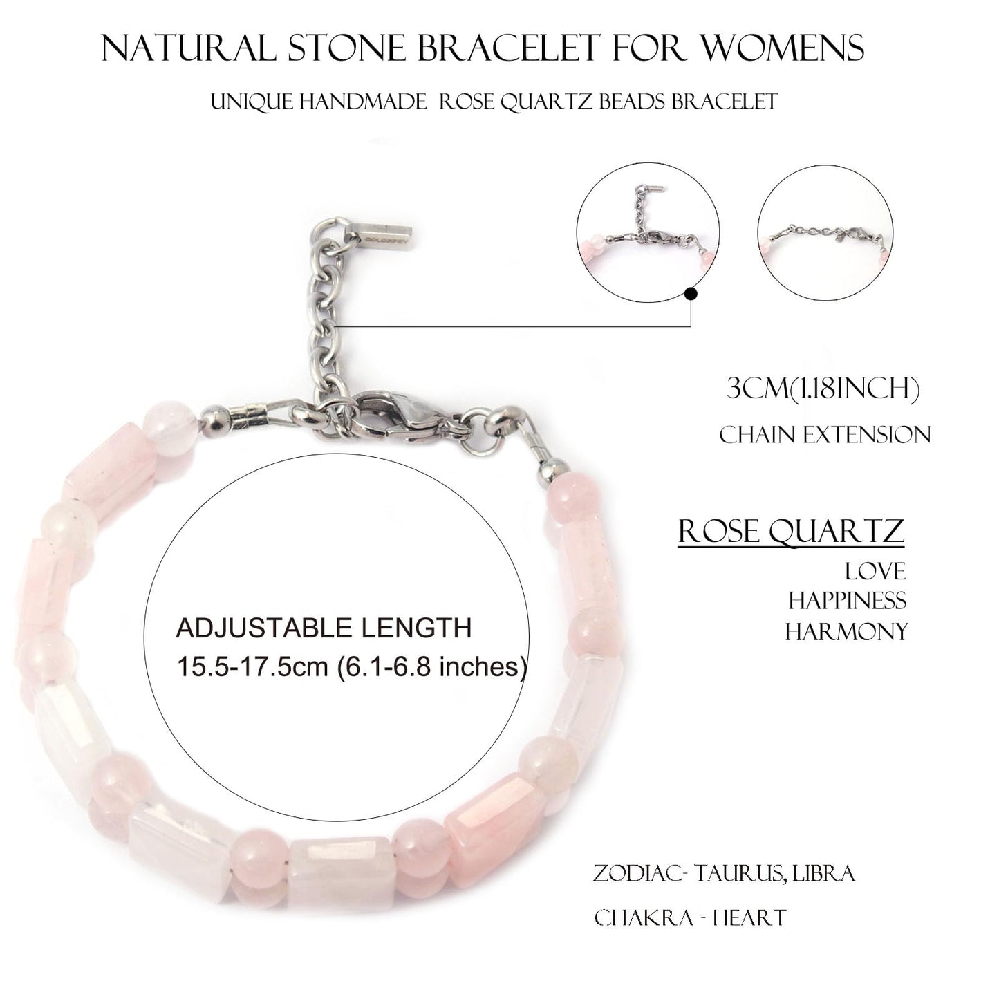 COLORFEY Womens Crystal Bracelets - Healing Rose Quartz Beaded Bracelets Unique Flated Square Bead Crystal Jewelry Gift for Women Men, Premium Handcrafted Gemstone Bracelet for Beauty& Spiritual
