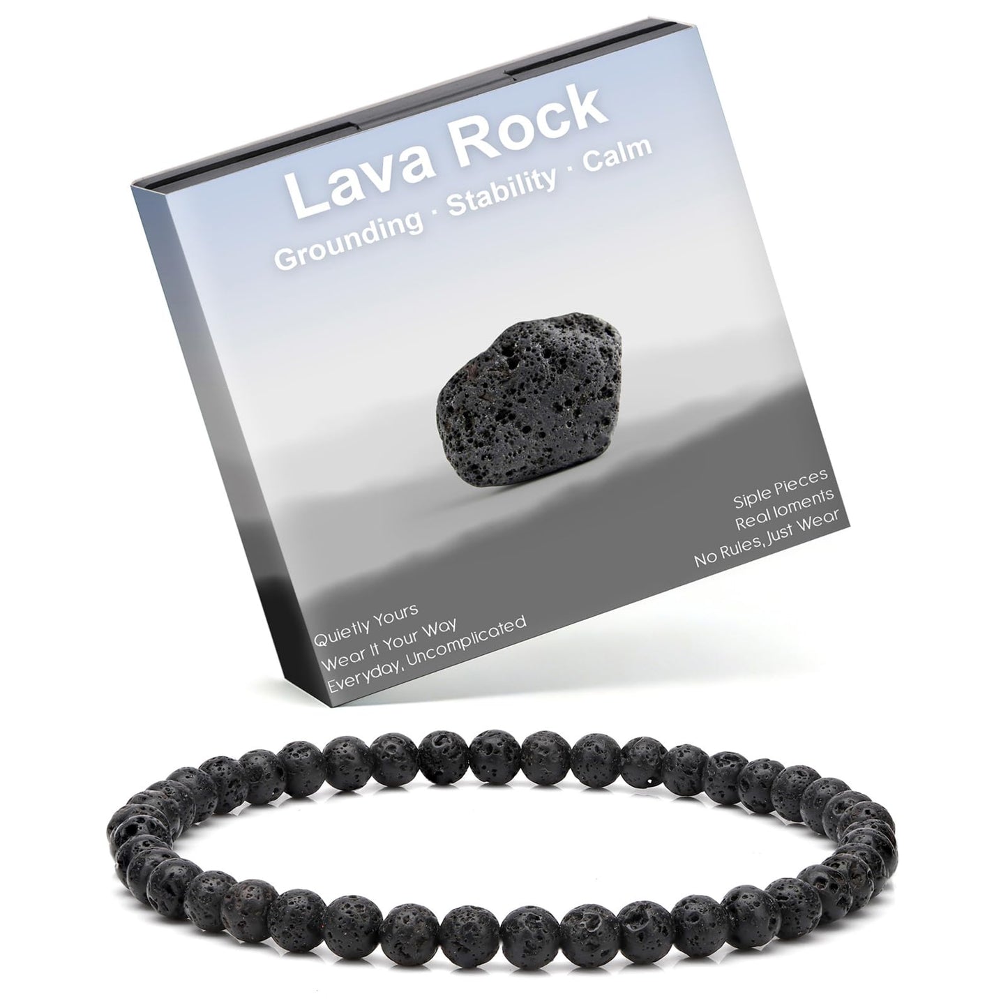 Risyfjew 4MM Handmade Lava Rock Natural Gemstone Stretch Elastic Bracelet,PE Film Anti-oxidation Packaging Natural Stone Crystal Healing Power Energy Gifts for Adult