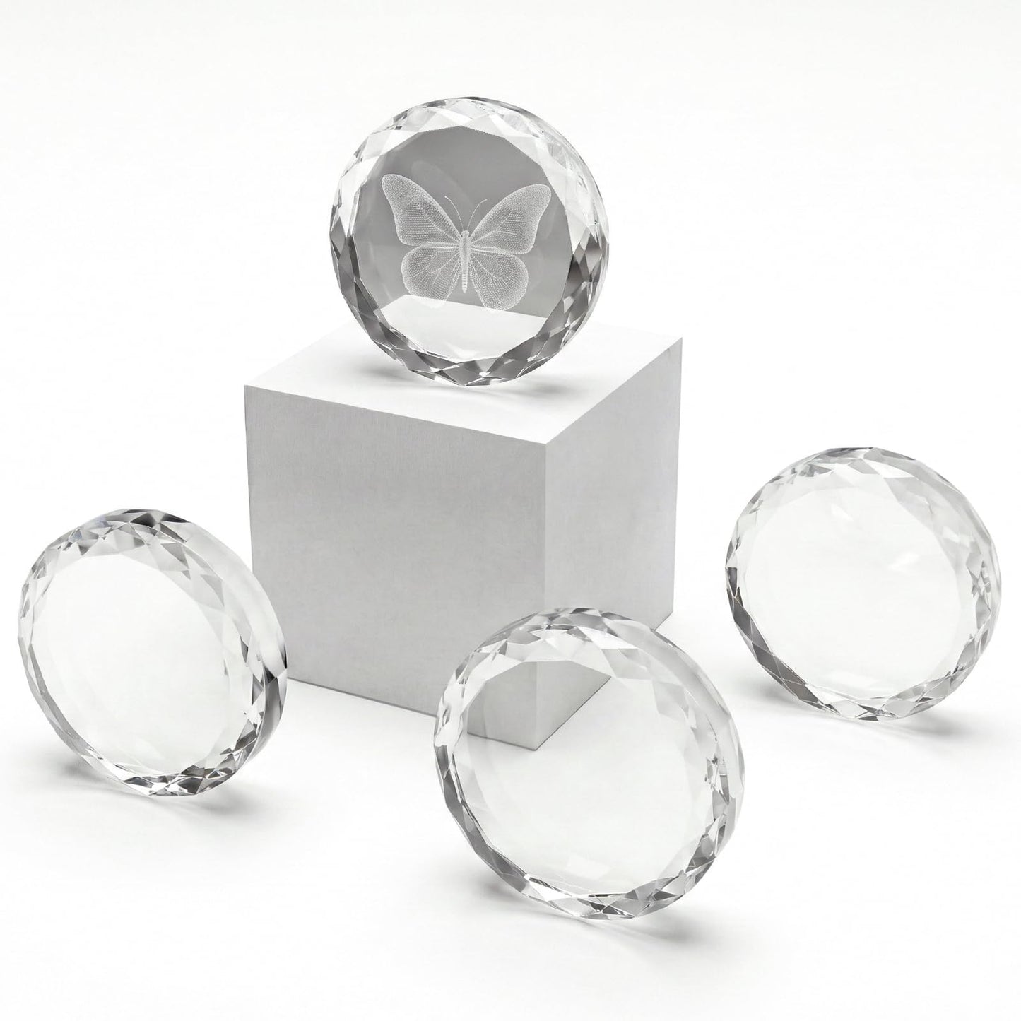 Cloudray Round Crystal Blank Blocks for 2D & 3D Lazer Engraving Machines, Glass Blocks Set of 4, Crystal Stand, Clear Crystal Ornaments for 3D Crystal Photo & Custom Gifts, 4 Packs