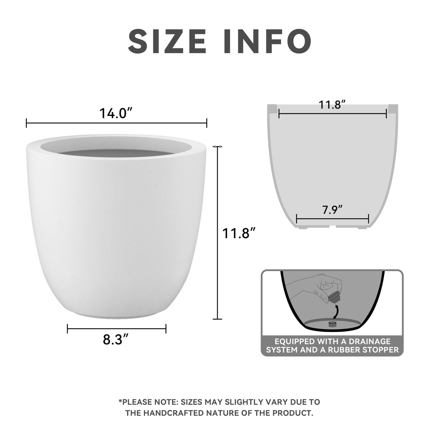 Kante 14 Inch Dia Round Concrete Planter, Indoor Outdoor Large Plant Pot with Drainage Hole and Rubber Plug for Home Patio Garden, Pure White