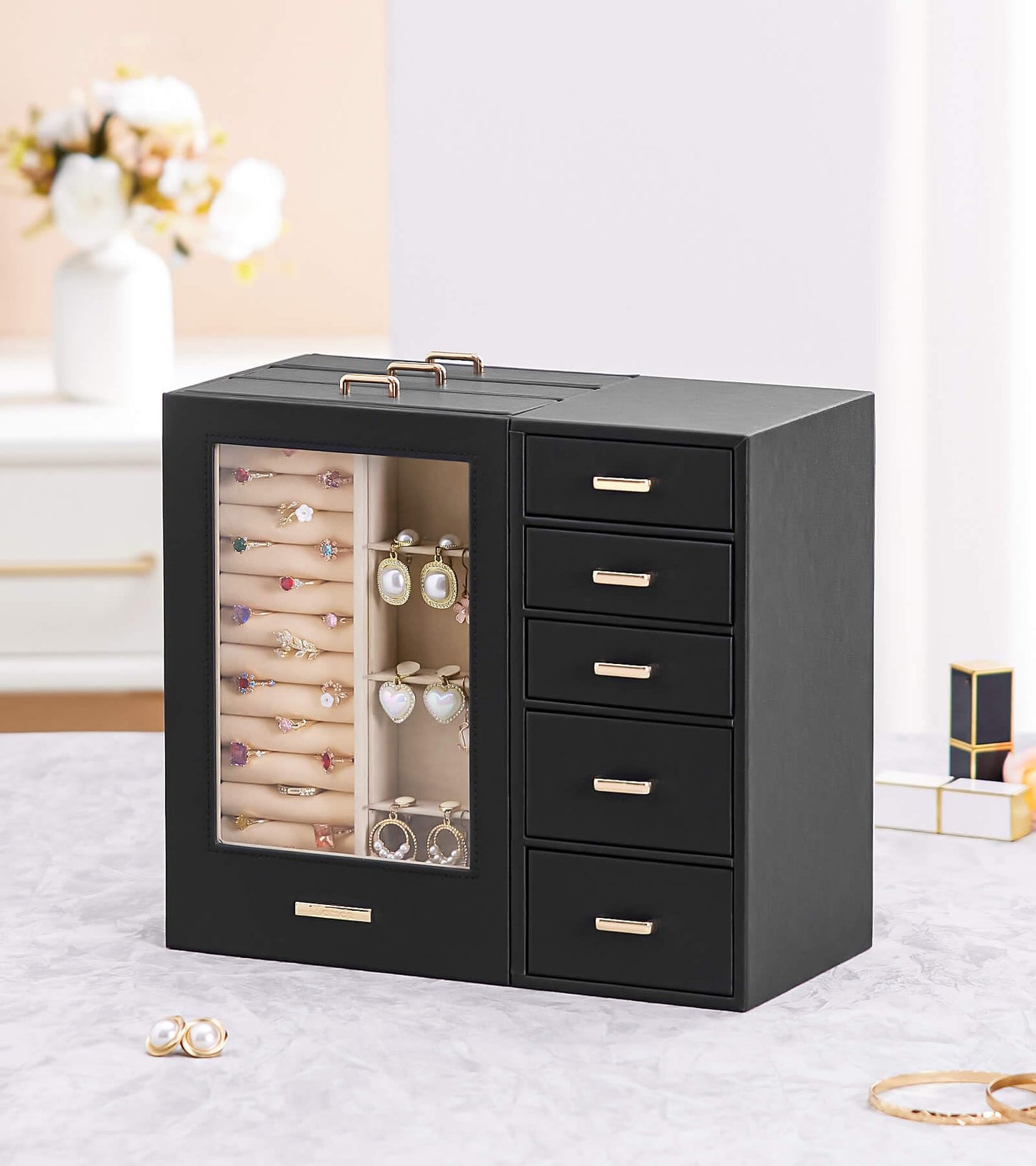Homde Jewelry Organizer large for Dresser: Big Jewelry Box for Women - Holder with Drawers - Elegent Necklace Earring Ring Display Modern Gift (Black)