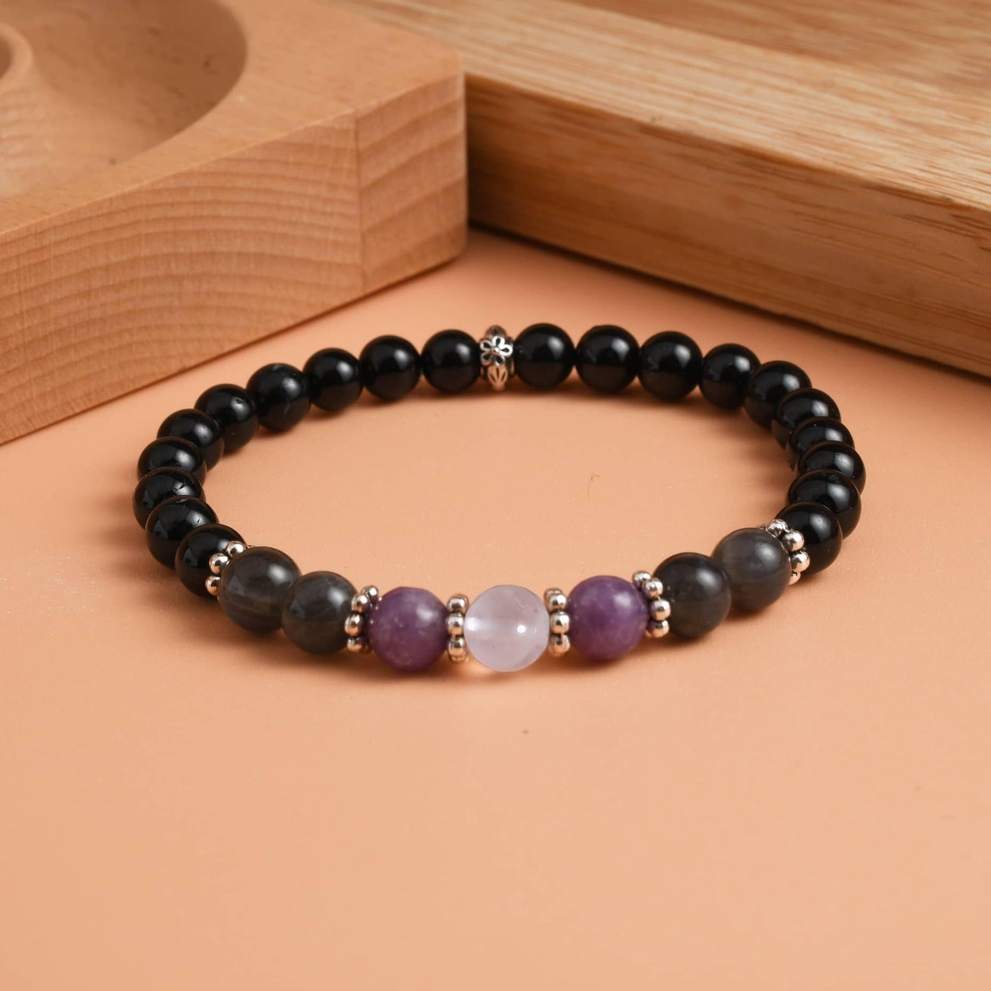 Gracayfr Anxiety Relief Bracelet Protection Black Tourmaline Labradorite Lepidolite Rose Quartz Healing Crystal Grief Support Gifts Items Jewelry Women Lepi Ros Labra