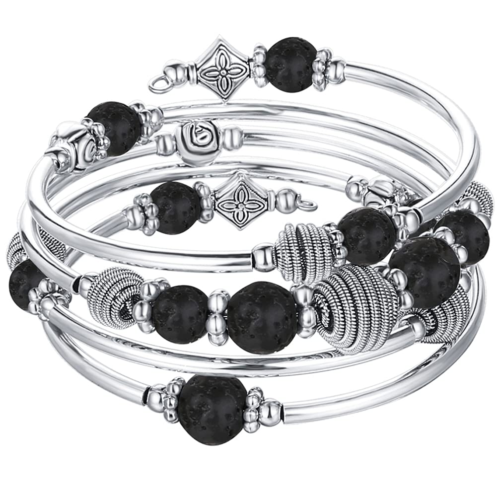 PEARL&CLUB Beaded Chakra Bangle Turquoise Bracelet - Fashion Jewelry Wrap Bracelet with Thick Silver Metal and Mala Beads, Birthday Gifts For Women(Lava stone)